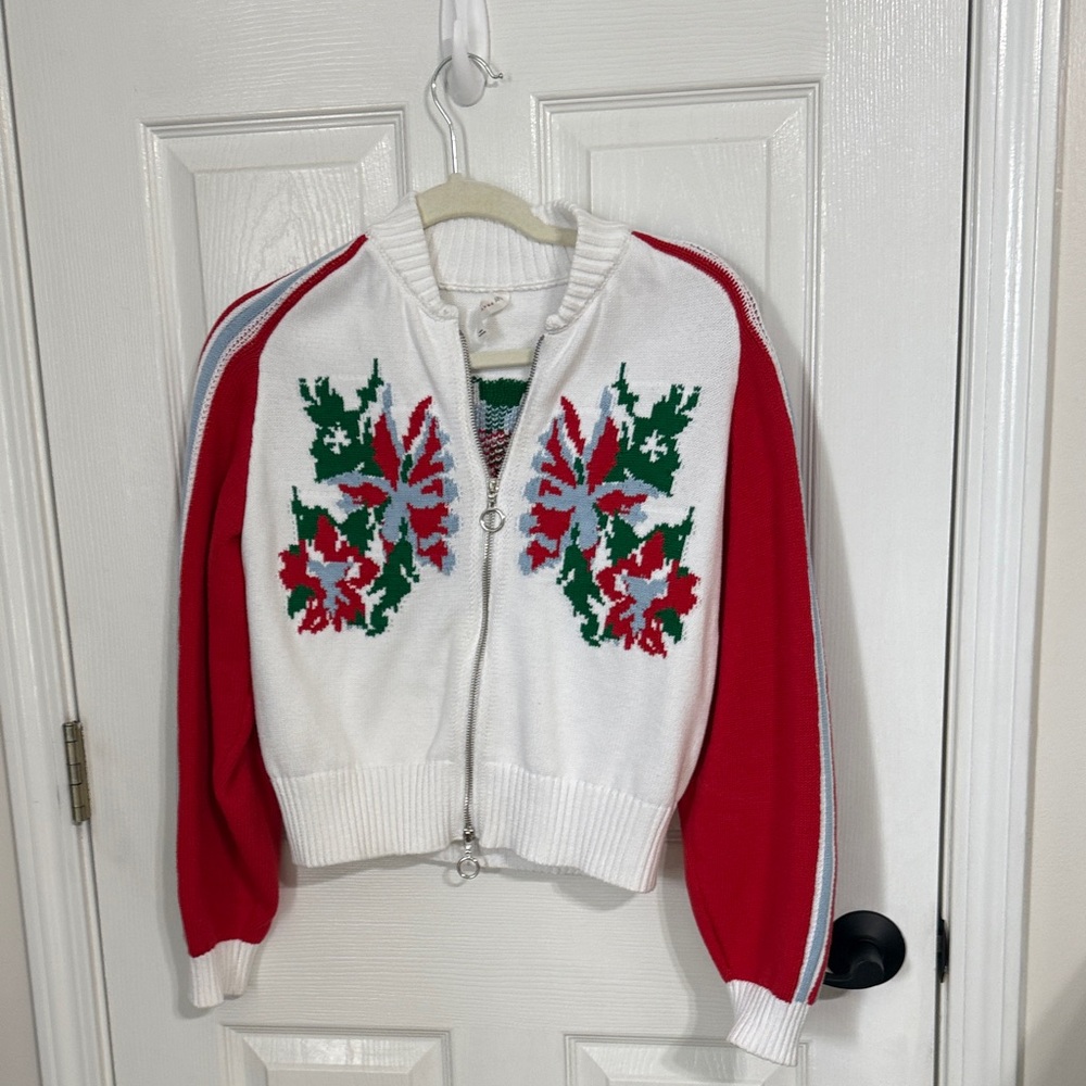 Anthropologie Red and White Floral Sweater